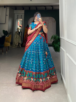 Firozi Blue Color Exuberant Dola Silk Lehenga Set with Stunning Foil Prints ClothsVilla