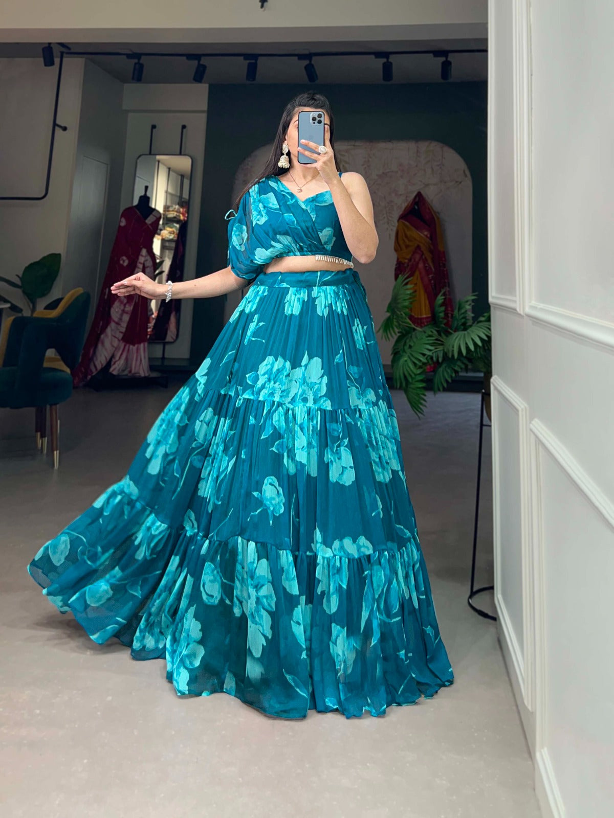 Firozi Blue Floral Chiffon Lehenga Co-ord Set ClothsVilla