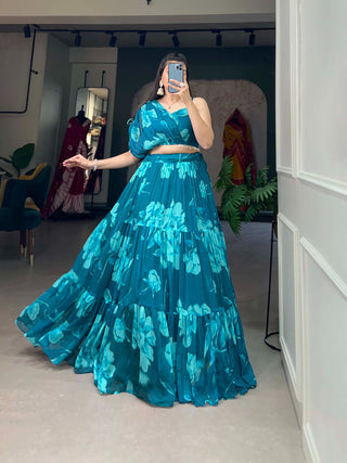 Firozi Blue Floral Chiffon Lehenga Co-ord Set ClothsVilla