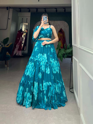 Firozi Blue Floral Chiffon Lehenga Co-ord Set ClothsVilla