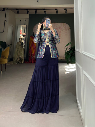 Firozi Blue Viscose Jacquard Kurta Palazzo Set with Weaving Work and Printed Detailing ClothsVilla