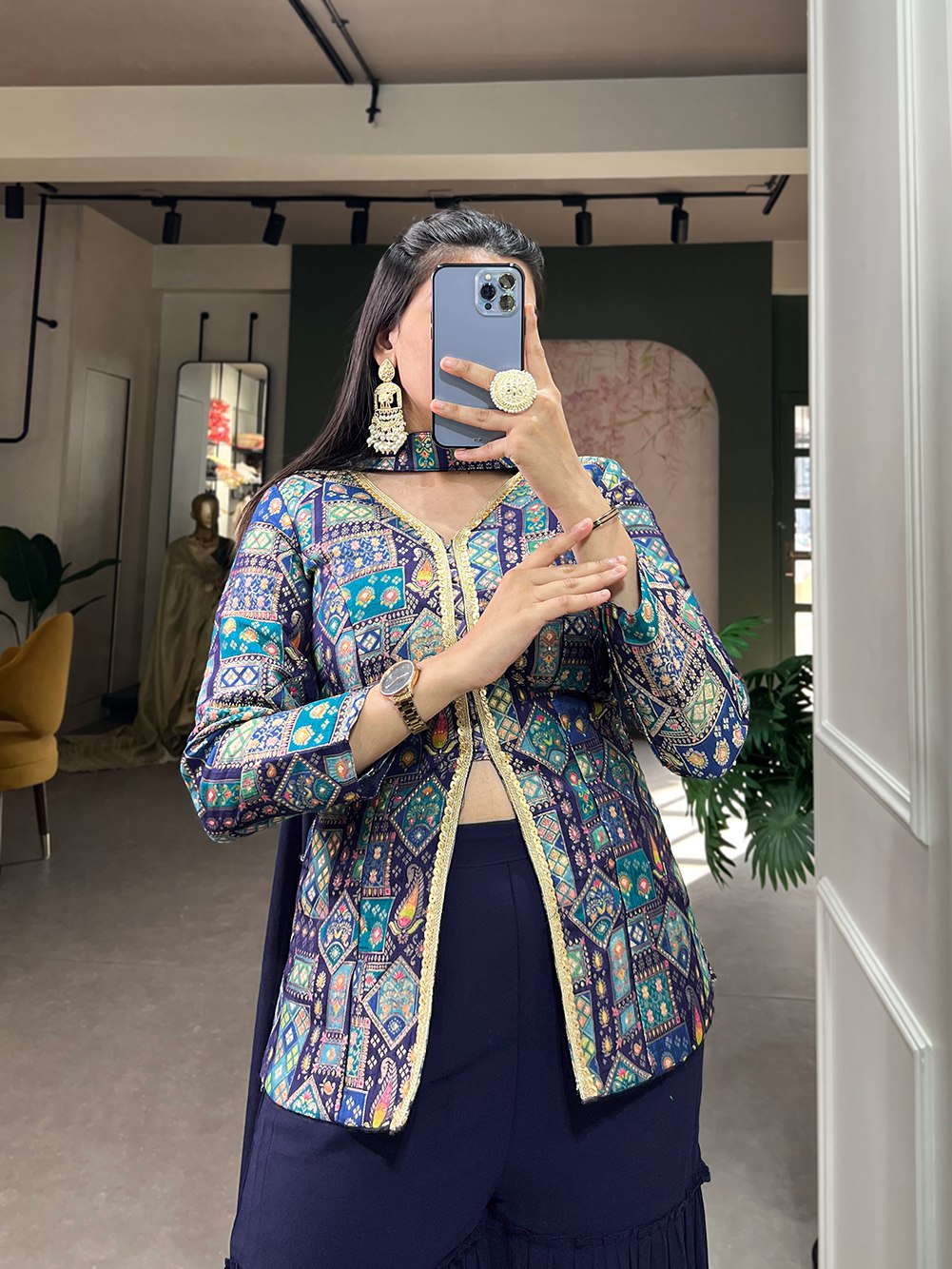 Firozi Blue Viscose Jacquard Kurta Palazzo Set with Weaving Work and Printed Detailing ClothsVilla
