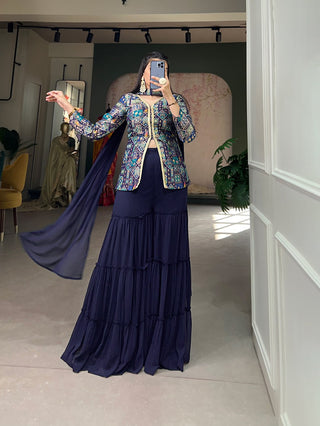 Firozi Blue Viscose Jacquard Kurta Palazzo Set with Weaving Work and Printed Detailing ClothsVilla