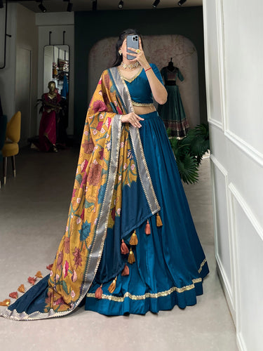Firozi Chinon Silk Plain Lehenga Set with Lace Detailing & Tussar Silk Dupatta