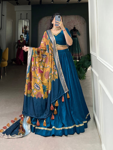 Firozi Chinon Silk Plain Lehenga Set with Lace Detailing & Tussar Silk Dupatta