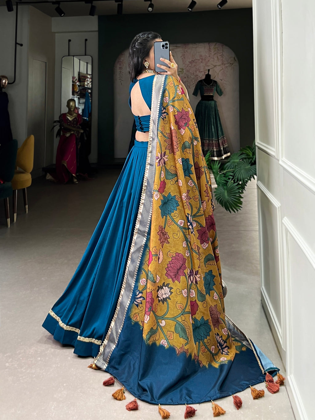 Firozi Chinon Silk Plain Lehenga Set with Lace Detailing & Tussar Silk Dupatta