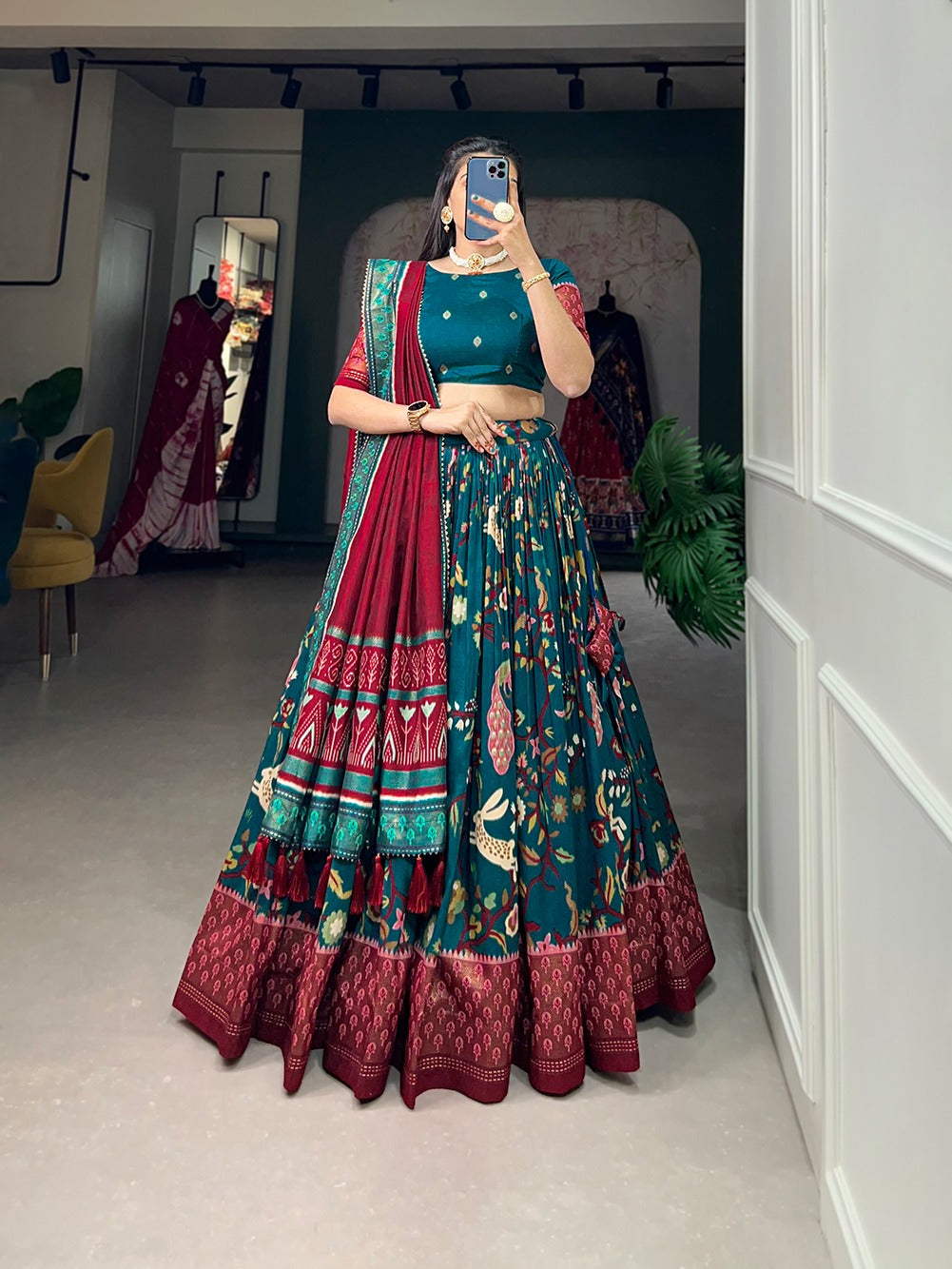Firozi Color Mesmerize in Dola Silk Elegance Printed Lehenga Choli Set with Foil Work & Minakari ClothsVilla Main image