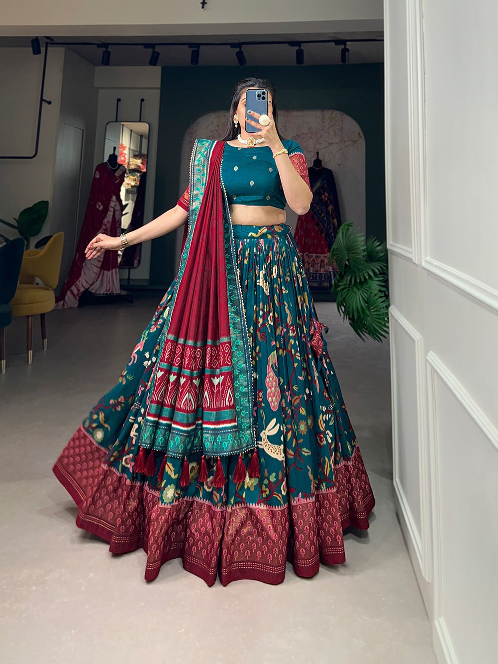Firozi Color Mesmerize in Dola Silk Elegance Printed Lehenga Choli Set with Foil Work & Minakari ClothsVilla