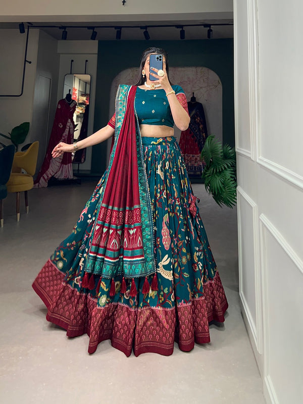 Firozi Color Mesmerize in Dola Silk Elegance Printed Lehenga Choli Set with Foil Work & Minakari ClothsVilla