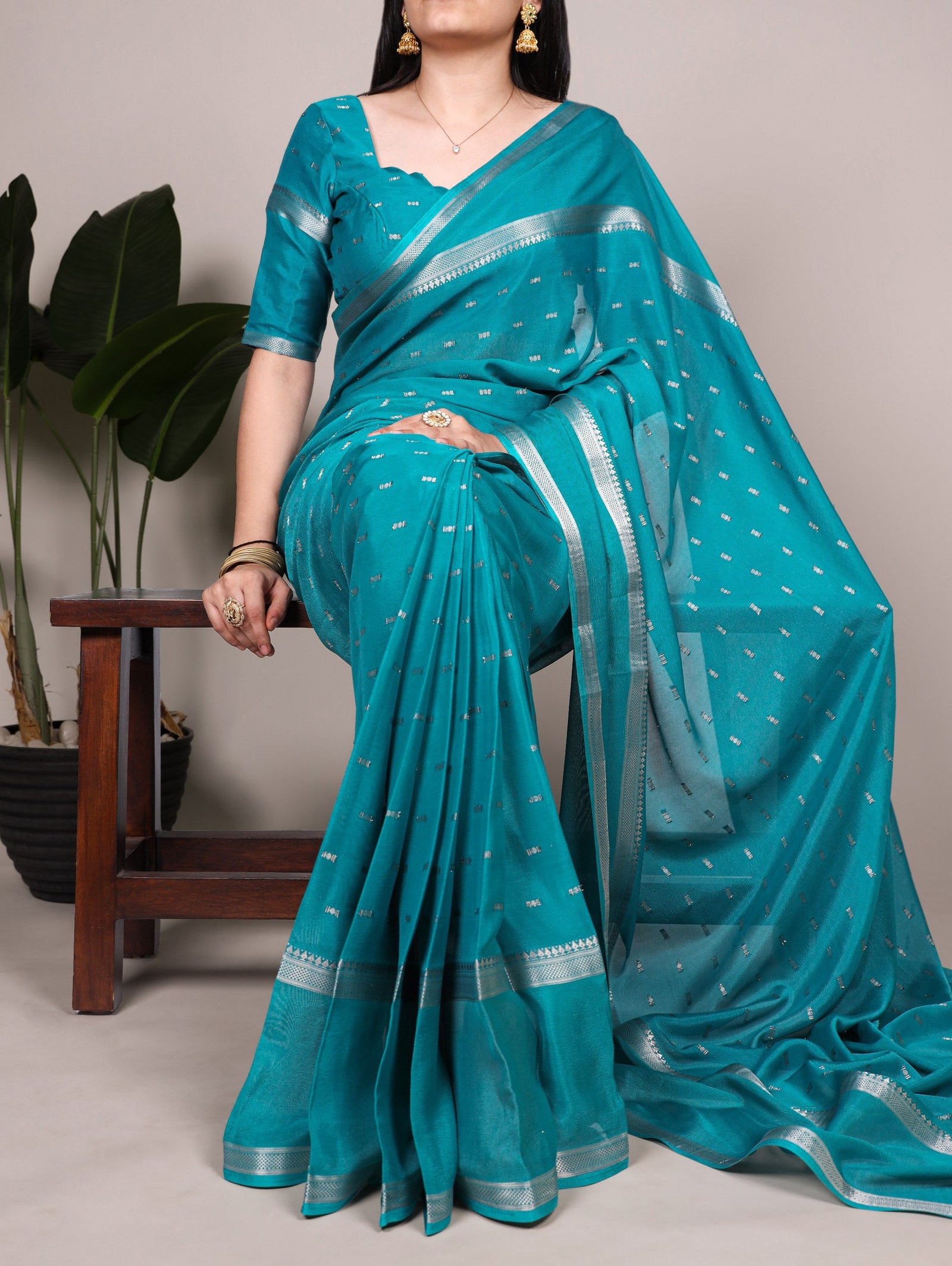 Firozi Designer Crepe Weaving Saree with Matching Unstitched Crepe Blouse – Elegant Traditional Wear ClothsVilla
