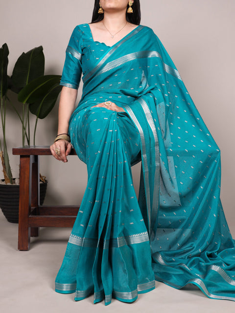 Firozi Designer Crepe Weaving Saree with Matching Unstitched Crepe Blouse – Elegant Traditional Wear ClothsVilla Main image