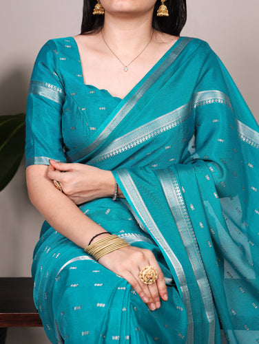 Firozi Designer Crepe Weaving Saree with Matching Unstitched Crepe Blouse – Elegant Traditional Wear ClothsVilla