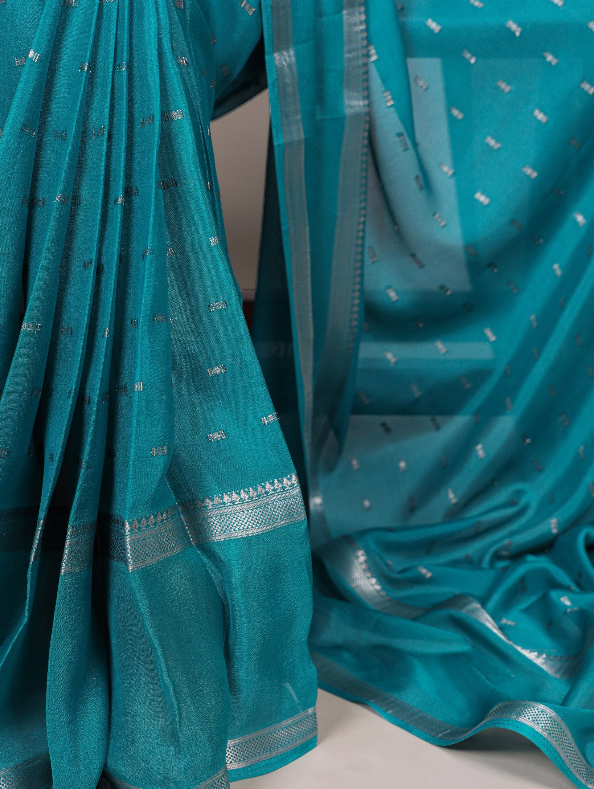 Firozi Designer Crepe Weaving Saree with Matching Unstitched Crepe Blouse – Elegant Traditional Wear ClothsVilla