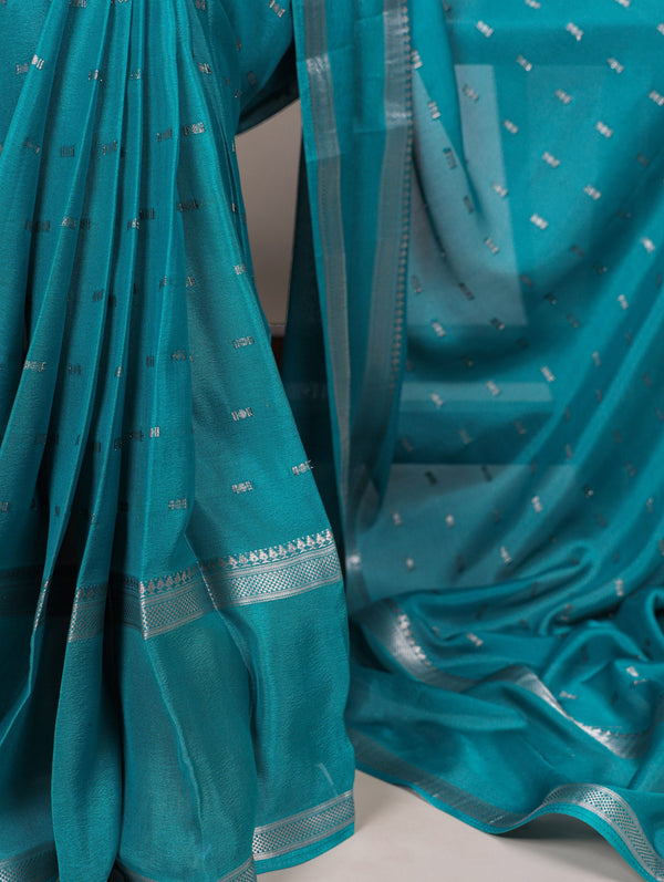 Firozi Designer Crepe Weaving Saree with Matching Unstitched Crepe Blouse – Elegant Traditional Wear ClothsVilla