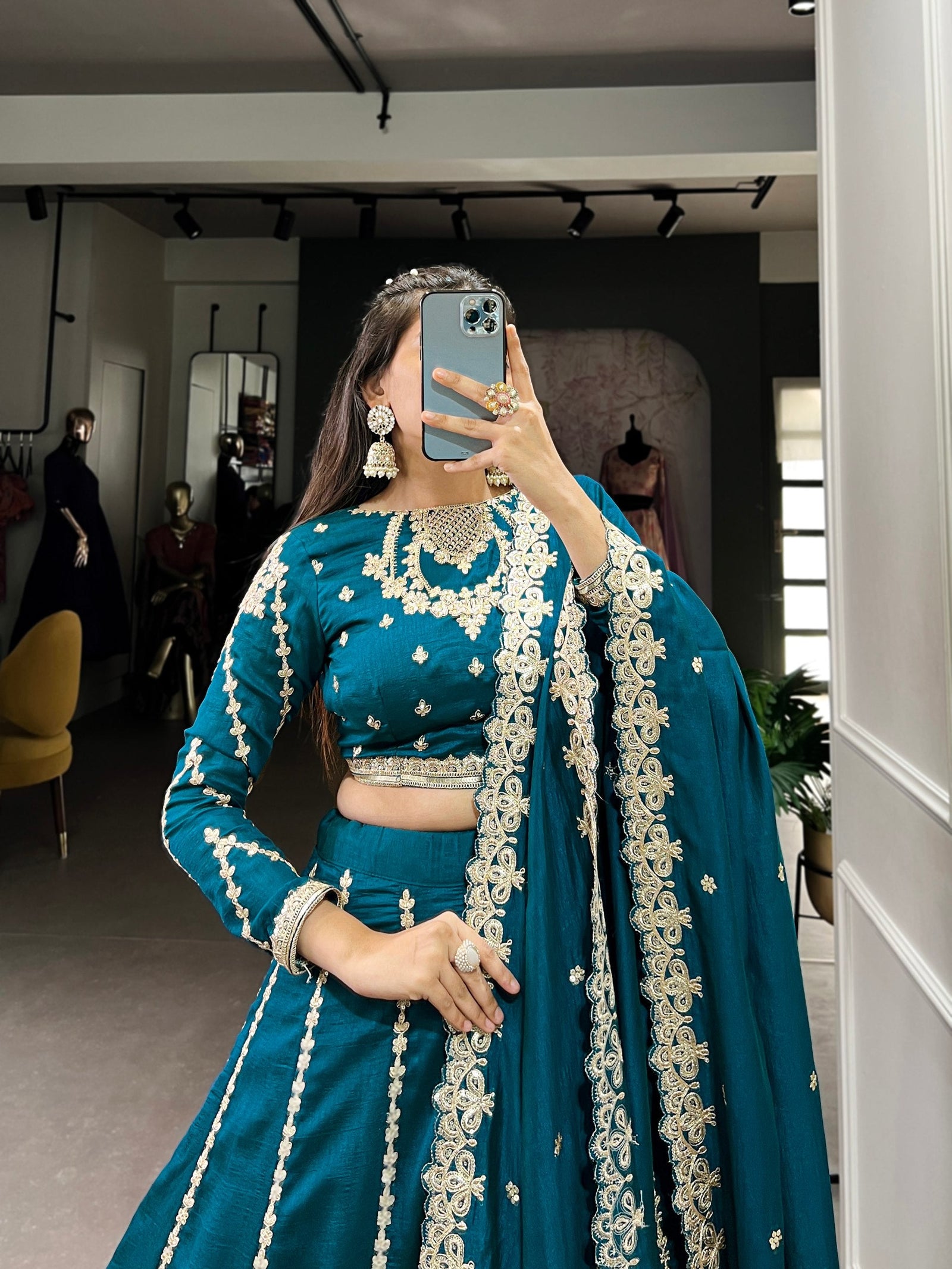 Firozi Elegance – Vichitra Silk Embroidered Lehenga Set Clothsvilla