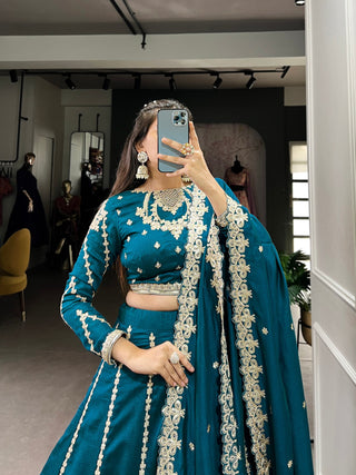 Firozi Elegance – Vichitra Silk Embroidered Lehenga Set Clothsvilla