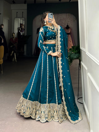 Firozi Elegance – Vichitra Silk Embroidered Lehenga Set Clothsvilla
