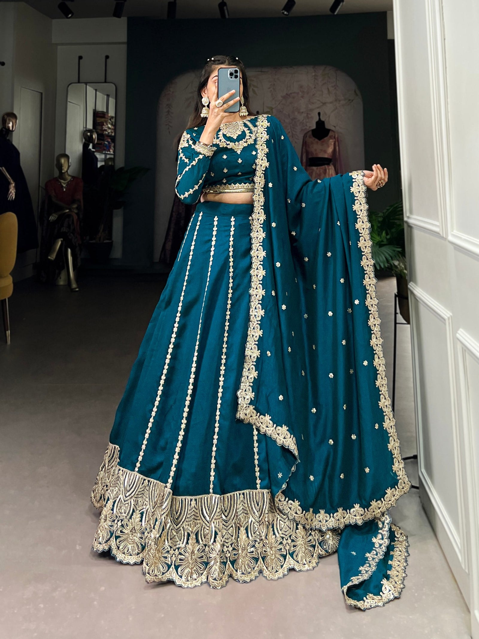 Firozi Elegance – Vichitra Silk Embroidered Lehenga Set Clothsvilla