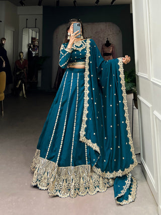 Firozi Elegance – Vichitra Silk Embroidered Lehenga Set Clothsvilla