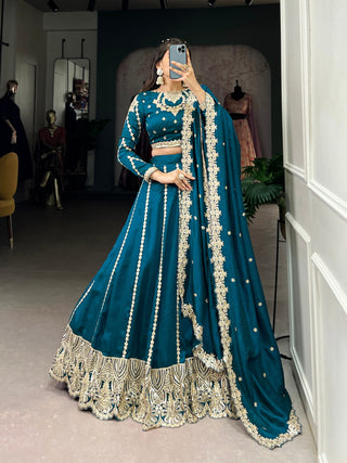 Firozi Elegance – Vichitra Silk Embroidered Lehenga Set Clothsvilla