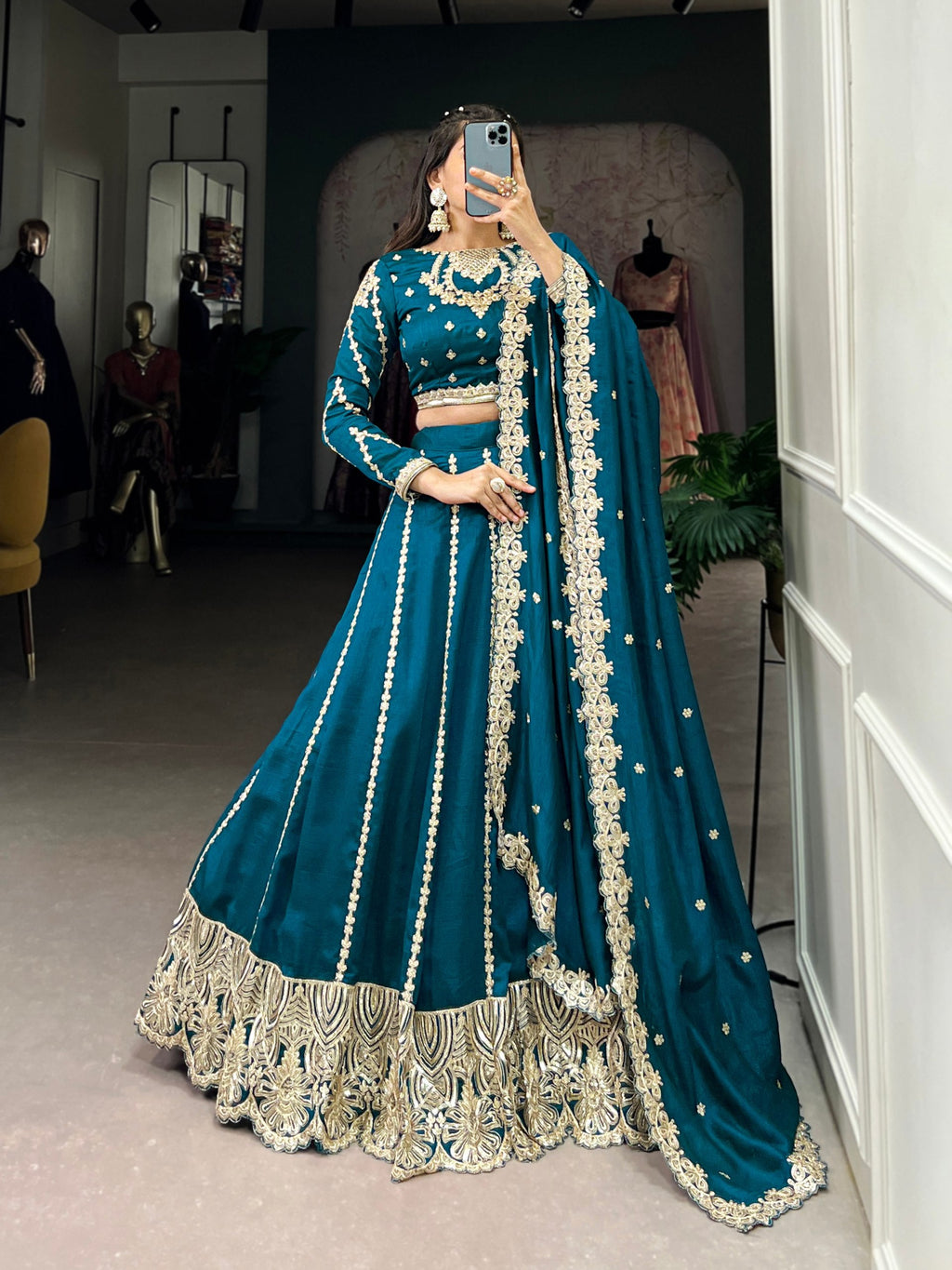 Firozi Elegance – Vichitra Silk Embroidered Lehenga Set Clothsvilla