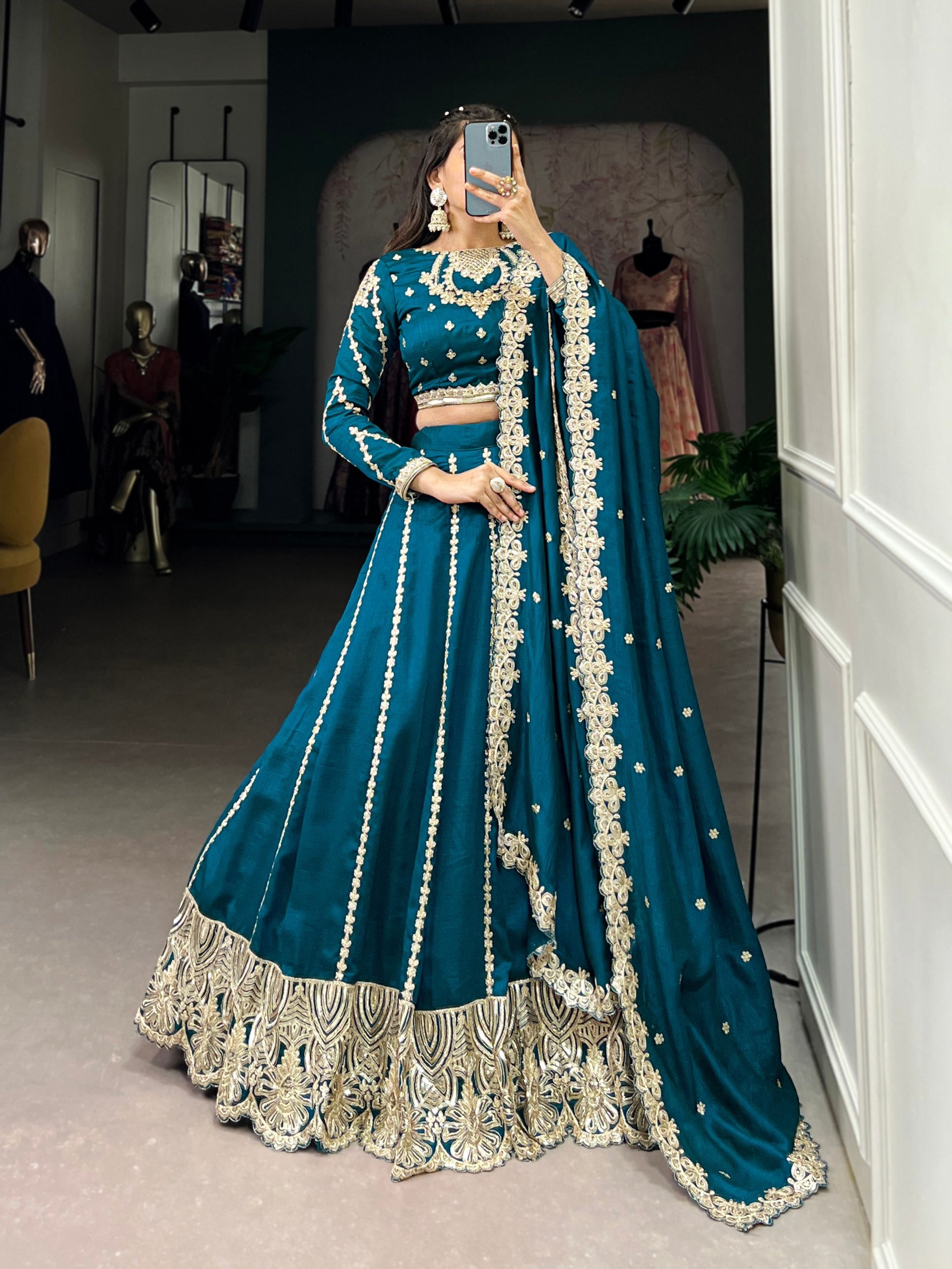 Firozi Elegance – Vichitra Silk Embroidered Lehenga Set Clothsvilla