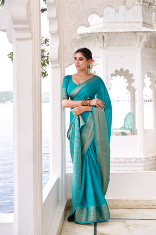 Firozi Elegant Chinon Saree with Self Print & Zari Weaving Work Unstitched Blouse Included ClothsVilla