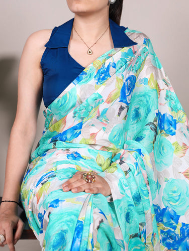 Firozi Elegant Floral Printed Dull Satin Saree with Moonga Silk Blouse ClothsVilla