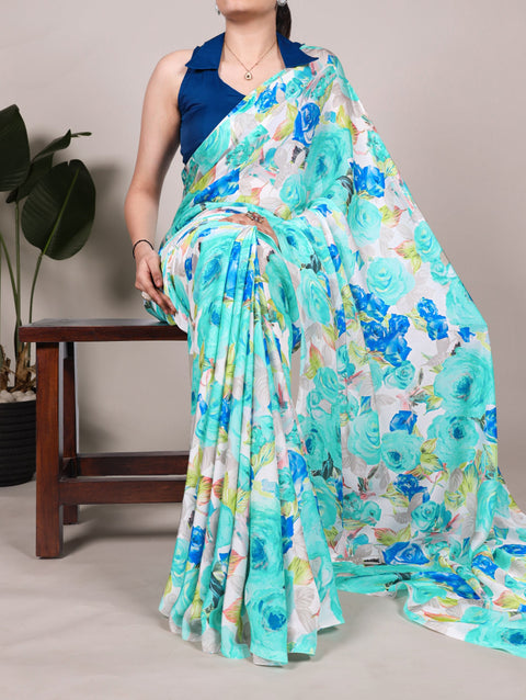 Firozi Elegant Floral Printed Dull Satin Saree with Moonga Silk Blouse ClothsVilla Main image