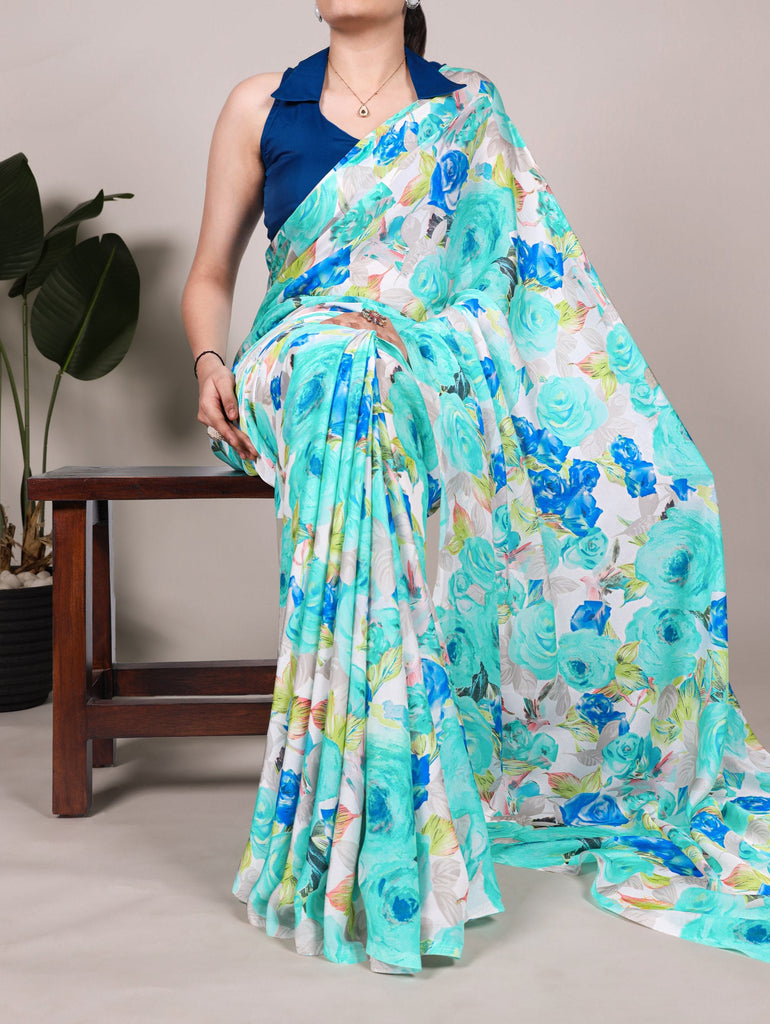 Firozi Elegant Floral Printed Dull Satin Saree with Moonga Silk Blouse ClothsVilla