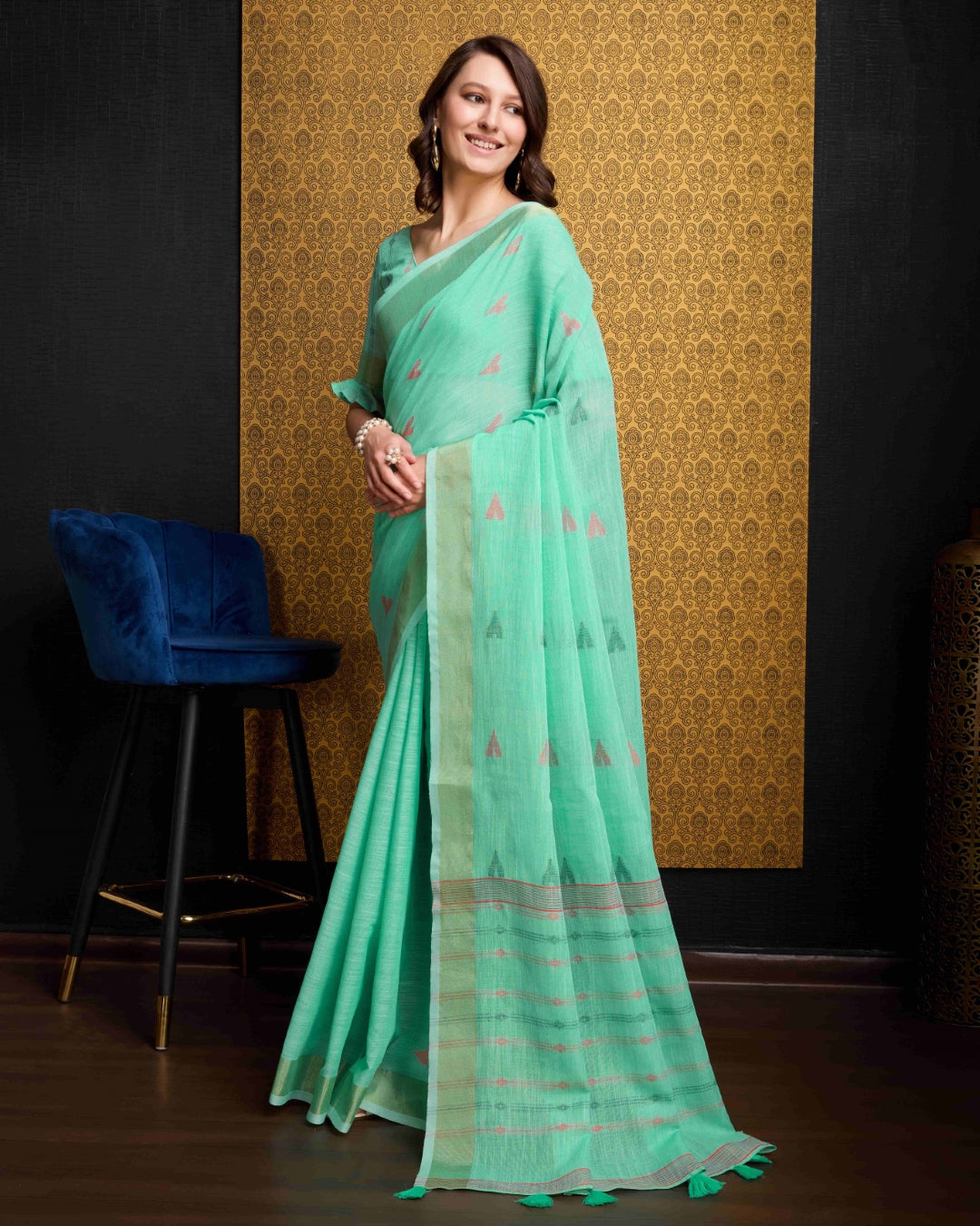 Firozi Elegant & Gold-Toned Ikat Woven Saree with Zari Border ClothsVilla