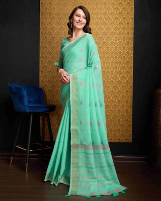 Firozi Elegant & Gold-Toned Ikat Woven Saree with Zari Border ClothsVilla