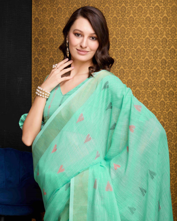 Firozi Elegant & Gold-Toned Ikat Woven Saree with Zari Border ClothsVilla