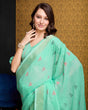 Load image into Gallery viewer, Firozi Elegant &amp; Gold-Toned Ikat Woven Saree with Zari Border ClothsVilla