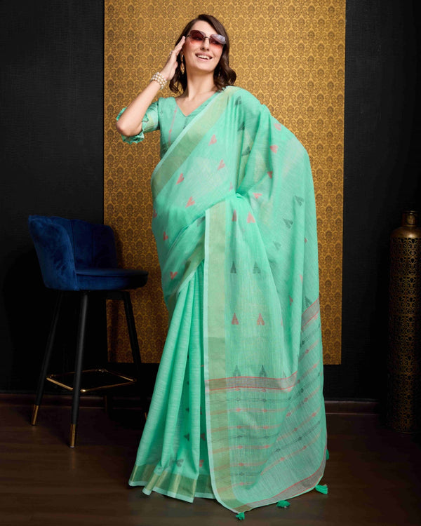 Firozi Elegant & Gold-Toned Ikat Woven Saree with Zari Border ClothsVilla