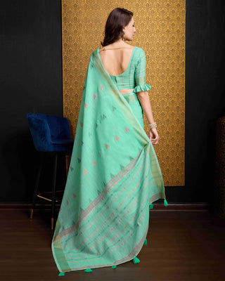 Firozi Elegant & Gold-Toned Ikat Woven Saree with Zari Border ClothsVilla