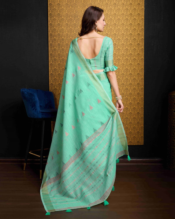 Firozi Elegant & Gold-Toned Ikat Woven Saree with Zari Border ClothsVilla