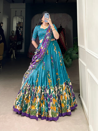 Firozi Elegant Kalamkari Tussar Silk Lehenga Set with Foil Work & Gotta Patti Dupatta