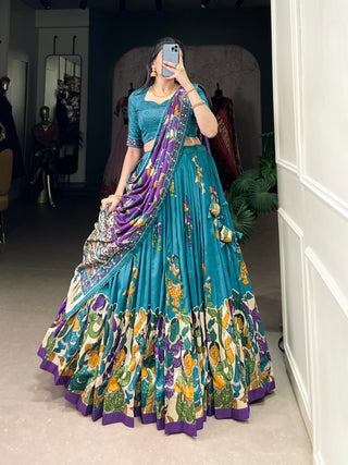 Firozi Elegant Kalamkari Tussar Silk Lehenga Set with Foil Work & Gotta Patti Dupatta