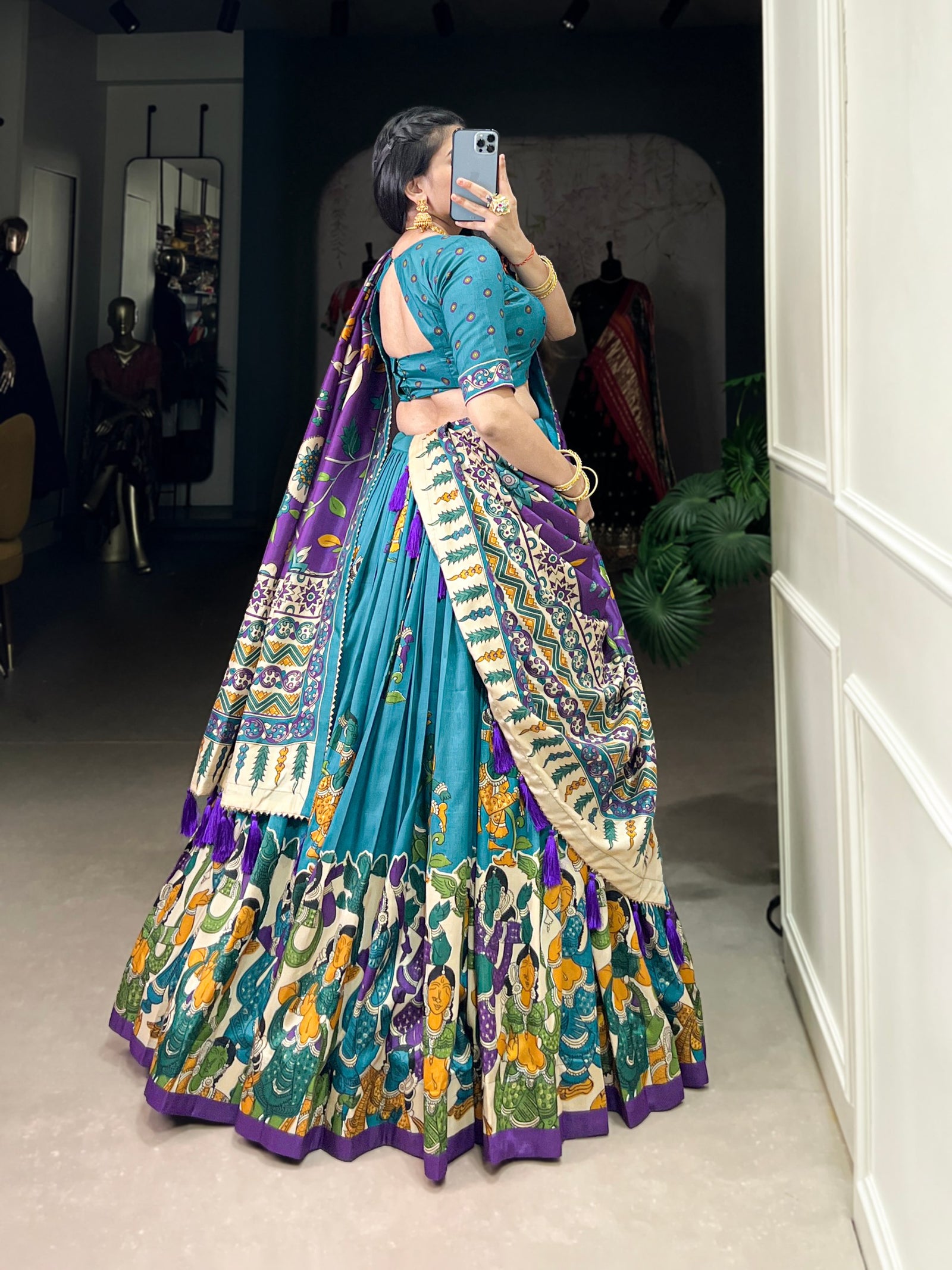Firozi Elegant Kalamkari Tussar Silk Lehenga Set with Foil Work & Gotta Patti Dupatta
