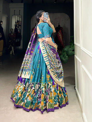 Firozi Elegant Kalamkari Tussar Silk Lehenga Set with Foil Work & Gotta Patti Dupatta