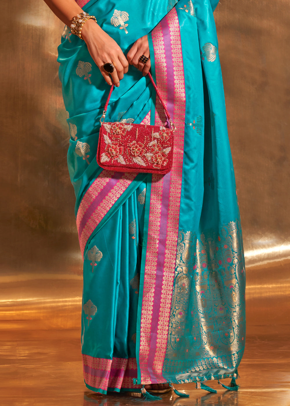 Firozi Elegant Satin Silk Saree – Luxurious Drape for Every Occasion ClothsVilla