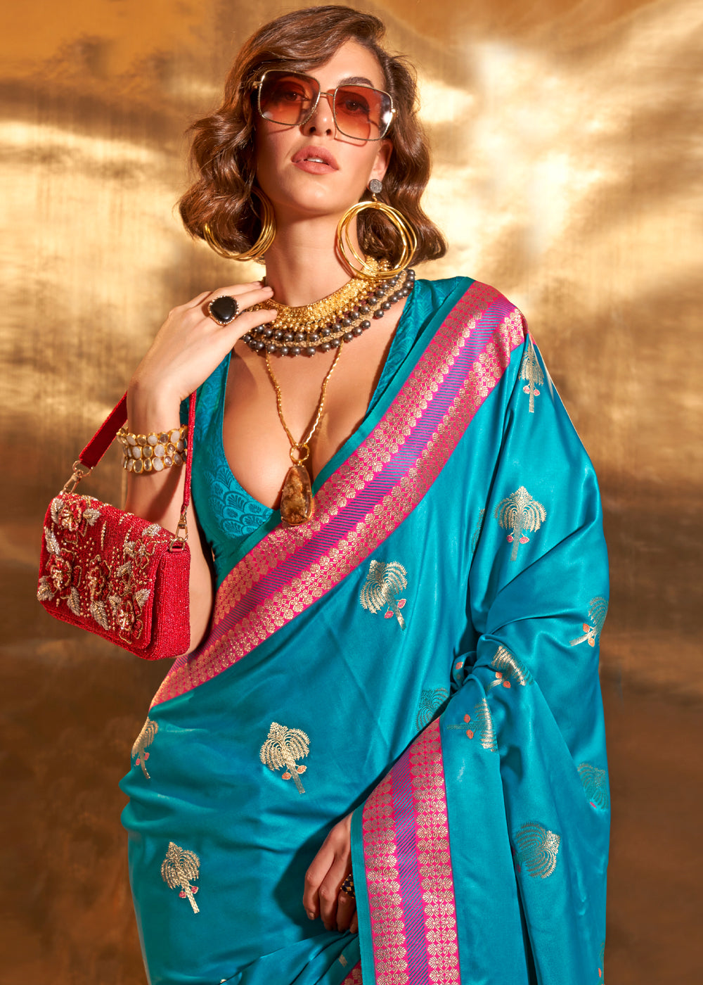 Firozi Elegant Satin Silk Saree – Luxurious Drape for Every Occasion ClothsVilla