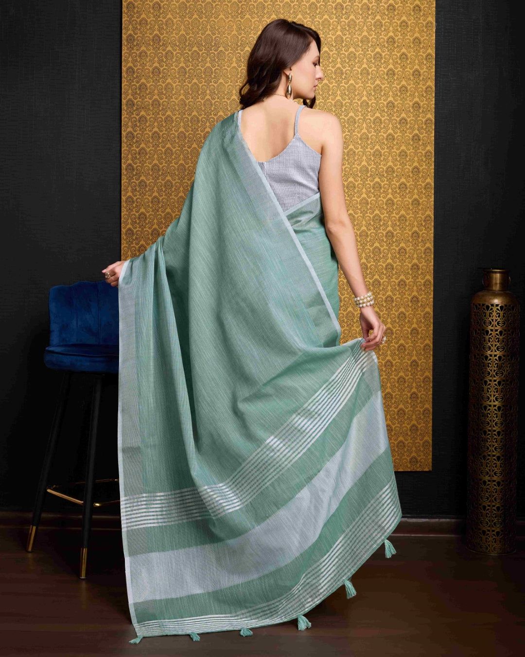 Firozi Elegant Solid Saree with Zari Border – Timeless Grace ClothsVilla