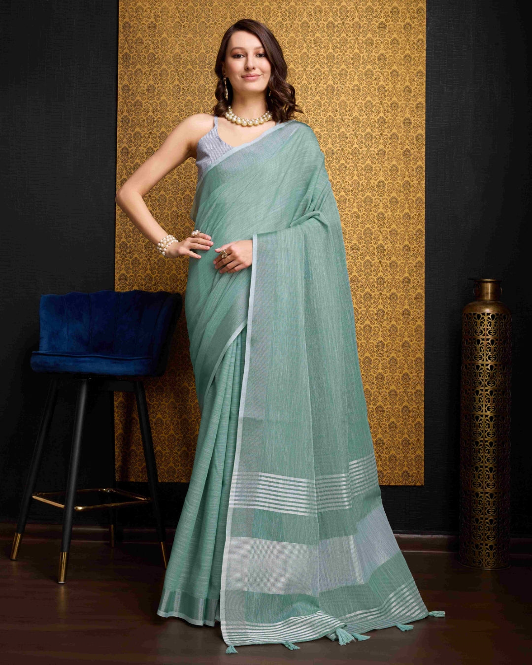 Firozi Elegant Solid Saree with Zari Border – Timeless Grace ClothsVilla