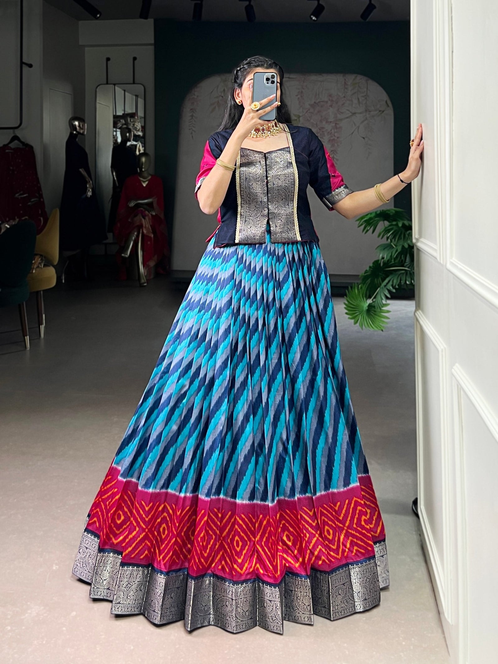 Firozi Elegant Tasar Silk Lehenga with Leheriya Print & Zari Work – Stitched Lehenga with Vichitra Silk Blouse ClothsVilla