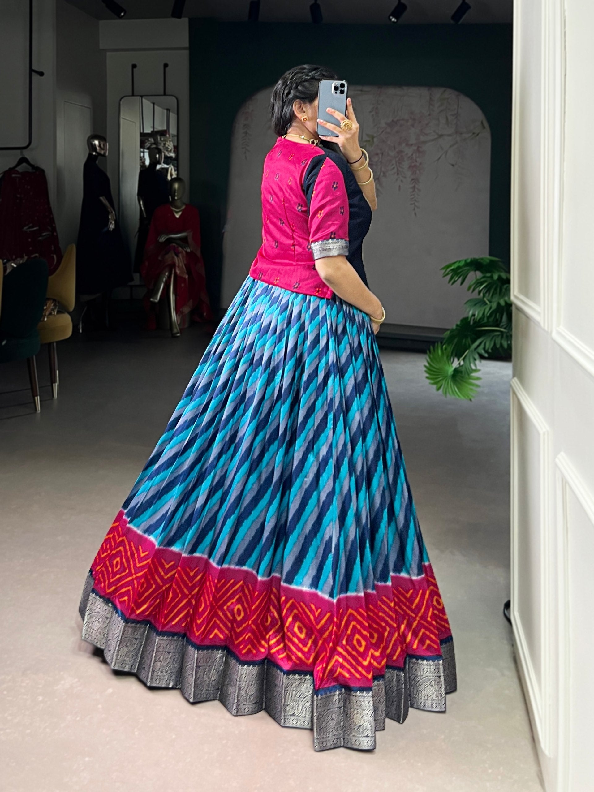 Firozi Elegant Tasar Silk Lehenga with Leheriya Print & Zari Work – Stitched Lehenga with Vichitra Silk Blouse Secondary image