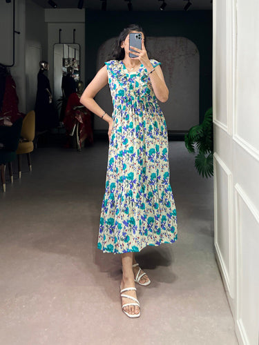 Firozi Floral Print Maslin Silk Stitched Frock with 4-Meter Flair & Micro Crepe Lining ClothsVilla