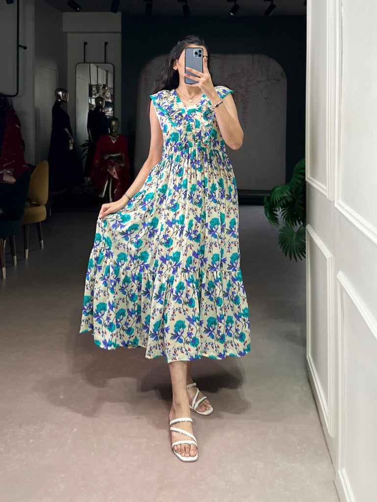 Firozi Floral Print Maslin Silk Stitched Frock with 4-Meter Flair & Micro Crepe Lining ClothsVilla