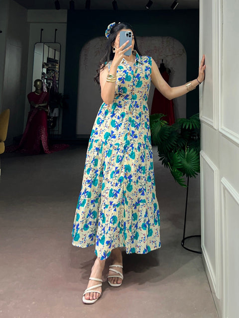 Firozi Floral Printed Gown with Bow Clip ClothsVilla Main image
